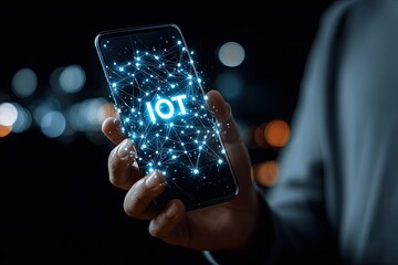 Hand holding phone with glowing IoT network graphic