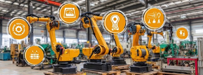 Industrial robots in a factory setting. Multiple yellow robotic arms are positioned amidst machinery in a large open-plan factory