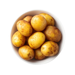 Overhead view of fresh potatoes in a white bowl on a plain background