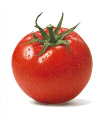 Single, ripe tomato, vibrant red, with green stem