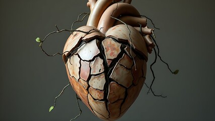 A fractured heart sculpture with vines growing through cracks, representing evolving mortality concepts.