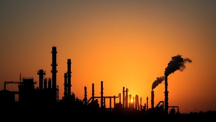 Obraz premium Industrial refinery silhouette at sunset with steam plumes against a dramatic gradient sky.