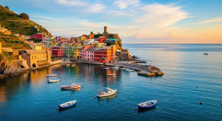 Obraz premium Colorful Coastal Village with Boats on Calm Sea Under Bright Sky