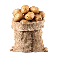 Burlap sack filled with fresh potatoes isolated against a black backdrop