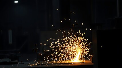 An industrial workshop with glowing sparks, showcasing dynamic energy in a dark environment.