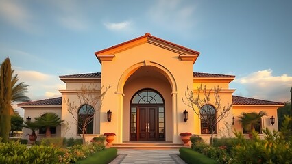 Obraz premium Grand arched doorway of a contemporary villa, framed by Mediterranean gardens under golden hour light.