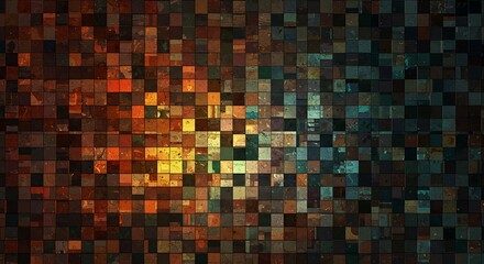 Vibrant abstract background with a textured mosaic of glowing square tiles transitioning from warm orange to cool blue hues