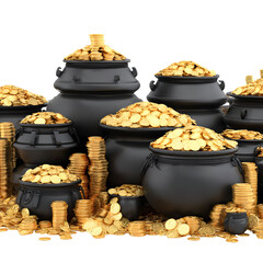 Treasure trove: Golden coins overflowing from black pots on a dark background