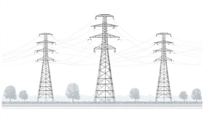 Three power pylons with wires, landscape