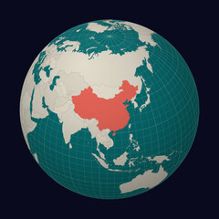 People's Republic of China on the map. Globe centered to China. Country location on the world map. Teal Pale Mint color palette. Globe with countries, meridians and parallels.