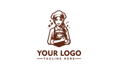 A stylized logo depicting a female barista holding a coffee cup and wearing an apron and chef's hat.