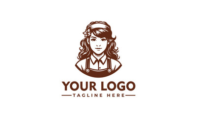 A vintage-style illustration of a woman with curly hair, wearing an apron, and a flower.