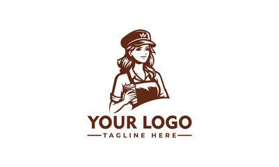 Vintage logo design of a woman in a chef's uniform, holding a tool, with a crown-like hat.