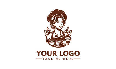 A stylized logo featuring a female chef holding coffee and pastries, encircled by wheat.