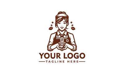 Vintage logo design of a woman barista holding a coffee cup.