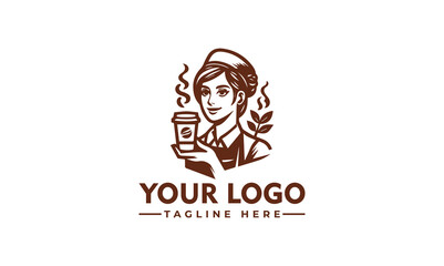 A vintage-style logo featuring a smiling barista holding a takeaway coffee cup.