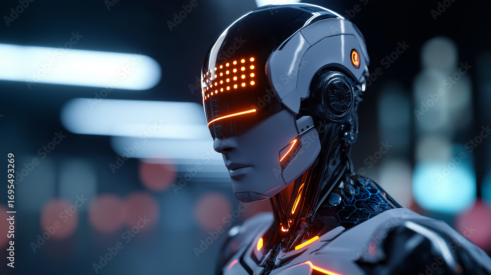 Poster futuristic robot with glowing eye and laser beams in sci-fi setting.