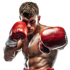 Intense boxing portrait showcasing a muscular athlete ready for competition