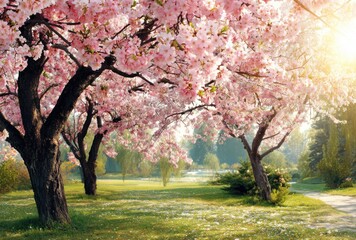 Fototapeta premium Blossoming pink trees adorn a sun-drenched park with lush green grass and winding path, creating a serene and beautiful outdoor scene