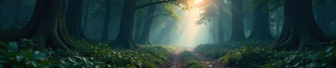 Dark, ominous forest path shrouded in mist, ancient trees looming, sunlight barely piercing the canopy, sense of mystery and danger , path, forbidden forest, woods