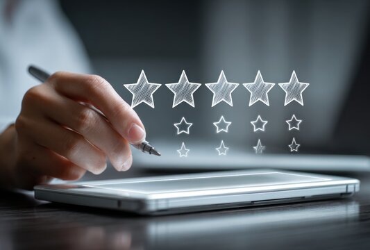 Hand holding pen over a tablet with five transparent, drawn stars above it on a blurred, dark background