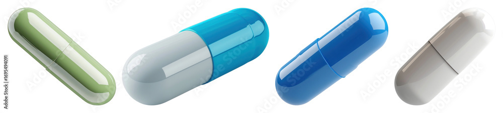 Poster png colorful capsules in various arrangements, element set on transparent background