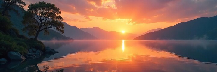 Serene sunrise over a tranquil lake, reflecting the spiritual energy of nature Perfect for meditation, yoga, mindfulness, and spiritual growth themes , energy, calm mind