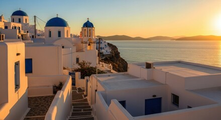 Scenic Sunset Over White Greek Islands Buildings with Blue Domes on Cliffside