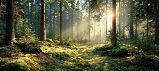 Serene forest with tall trees, mossy ground, and sunlight filtering through foliage creating a tranquil and peaceful atmosphere