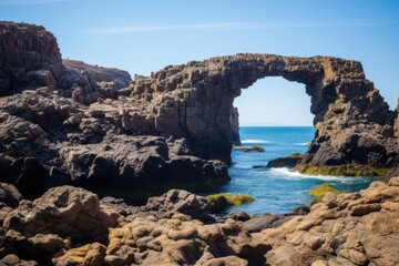 Natural rock arch over blue ocean water image