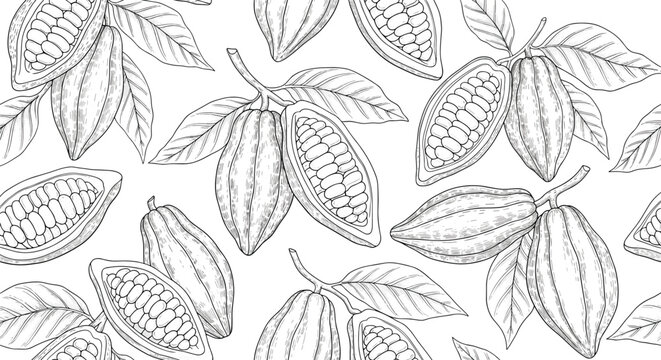 Elegant hand-drawn cocoa pods and leaves creating a seamless pattern for chocolate or food backgrounds