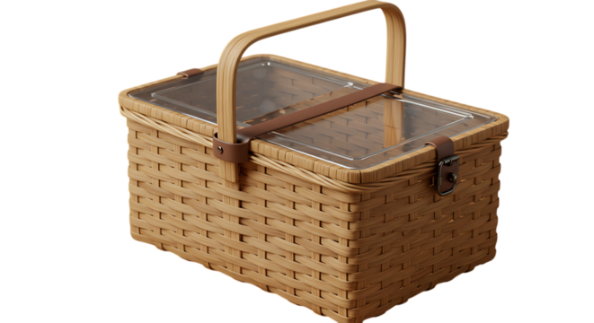 A vintage woven wicker picnic basket with a hinged clear lid and a sturdy wooden handle showcasing a rustic charm isolated on white background