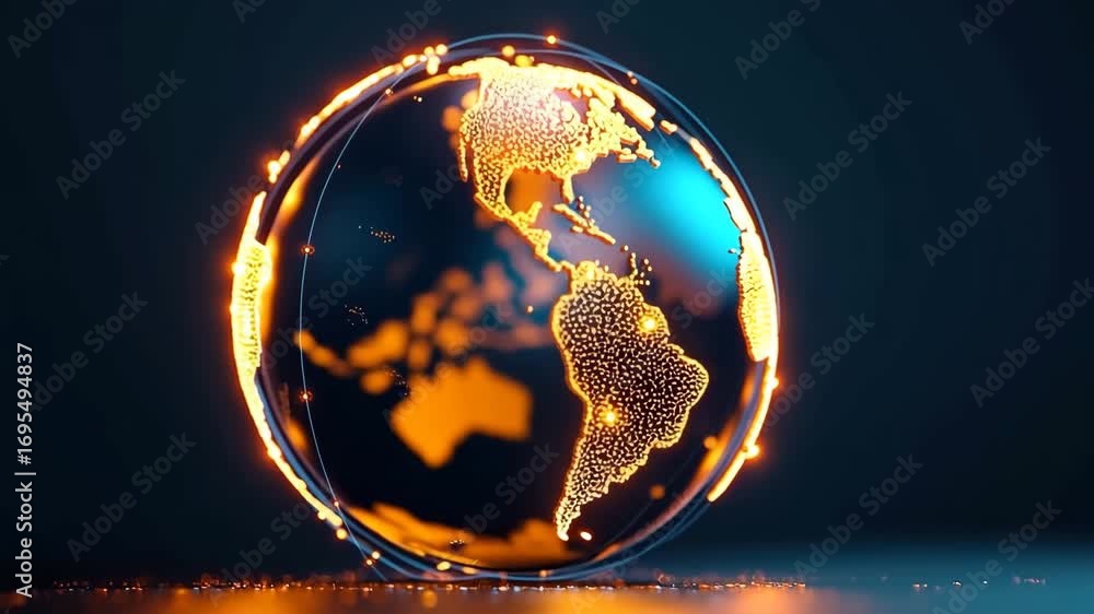 Poster glowing digital globe orange blue futuristic world map technology data visualization abstract innova