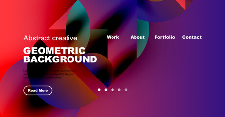 Abstract website header design. Vibrant colors blend, creating dynamic geometric background. Navigation links present work, about, portfolio, contact.