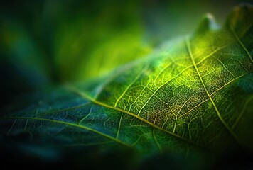 A close-up of a green leaf with detailed veins, subtly illuminated with a warm, golden light, amidst a blurred, darker background