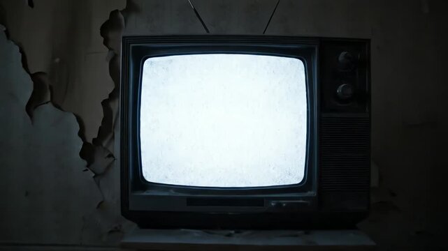 Spooky abandoned room with glowing TV and peeling wallpaper creates eerie atmosphere for horror film or dystopian themed video project