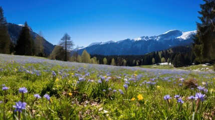 Alpine meadow with blue and yellow spring flowers image
