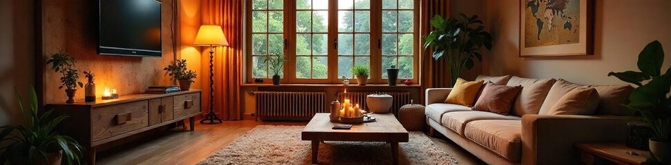 Cozy living room, warm lighting, inviting atmosphere, perfect for relaxing after a long day Home sweet home feeling, comfortable furniture, welcoming space , space, homey