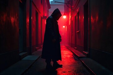 Silhouette of a mysterious figure cloaked in shadow, standing alone in a dimly lit alleyway, hinting at intrigue and suspense , streetlight, urban exploration