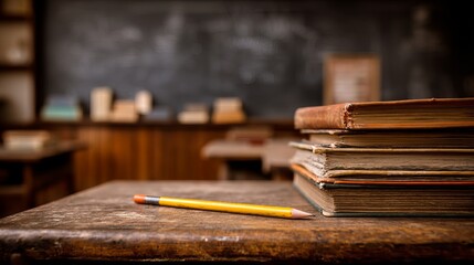 Close-up of stacked old textbooks and a pencil on a classroom desk.