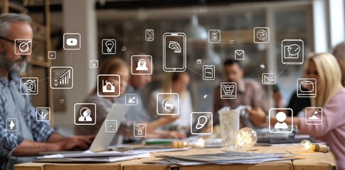 Business team collaborating around a table in a bright space, surrounded by floating icon symbols