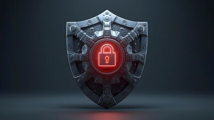Futuristic 3D metallic shield with a glowing lock symbol showcasing advanced security design in cinematic lighting and sleek detail.