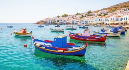 Obraz premium Colorful Boats Floating in Calm Blue Water Near White Village on Hill