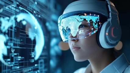 Futuristic woman with virtual reality headset, digital world map interface, technology innovation, immersive experience, blue light, augmented - Powered by Adobe