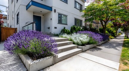 Lush lavender bushes brighten the steps of a modern white home, creating a vibrant street scene.