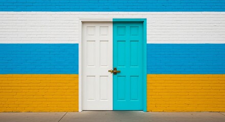 Vibrant Doorway Contrasts Against Bold Striped Brick Wall