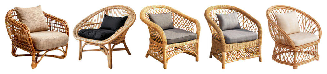 PNG Stylish rattan chairs collection, element set on transparent background