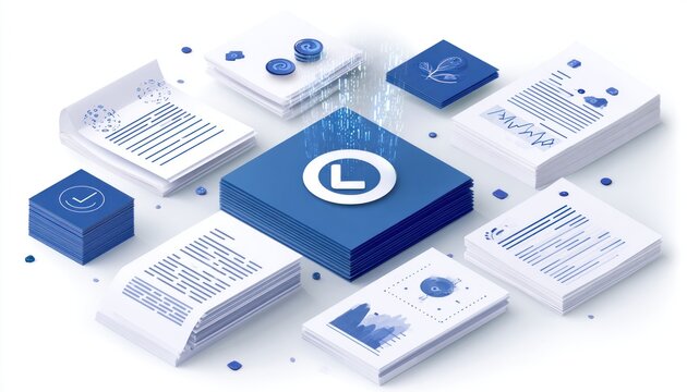Isometric digital data, papers, coins, and plant icons on a white background, blue hues dominating the scene