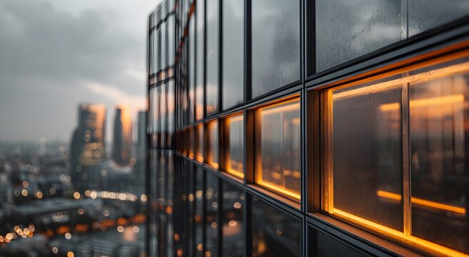 Modern architectural facade with glowing windows overlooking a city skyline at dusk.