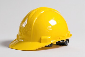 A bright yellow hard hat sits on a white surface, casting soft shadows, ready for safety